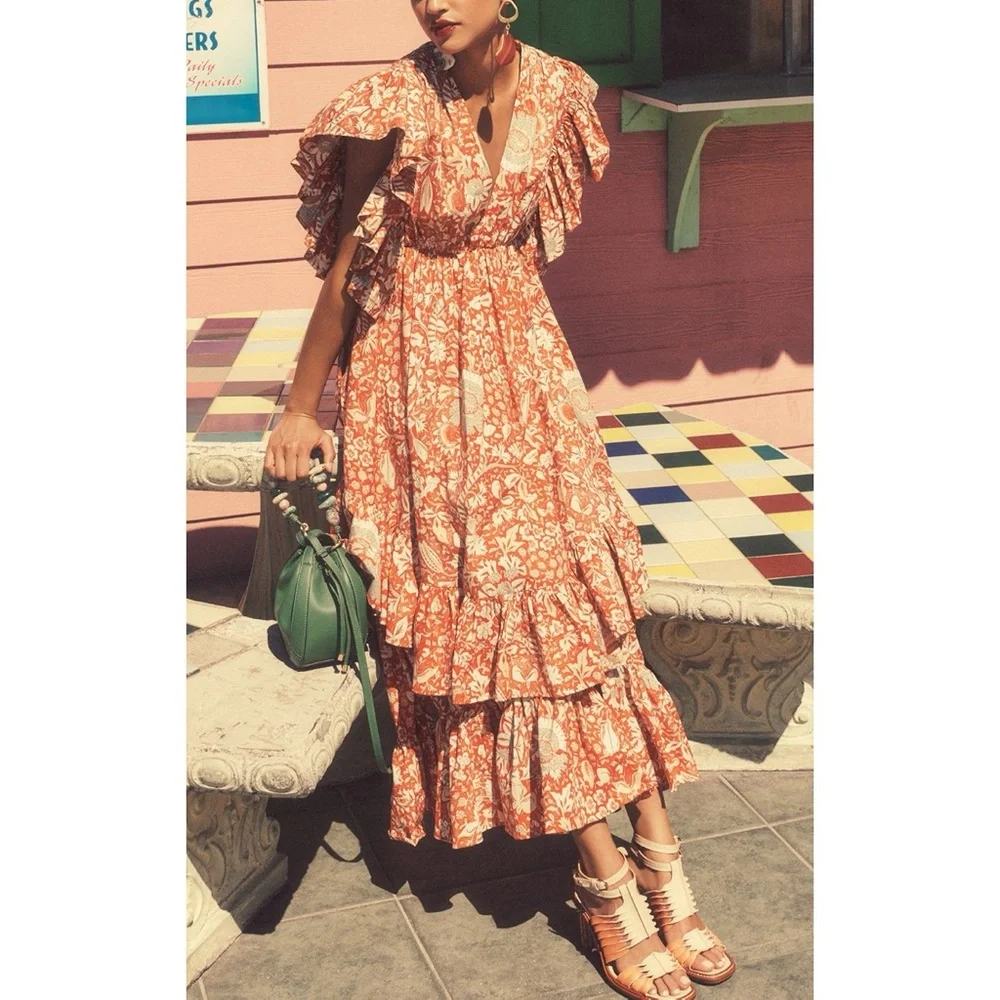 ULLA JOHNSON Delila Midi Ruffle Floral Dress Orange Blossom Sz 4